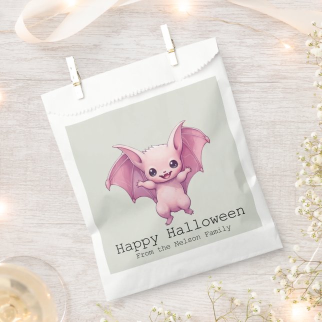 Cute Pink Bat Green Happy Halloween Favour Bag (Clipped)