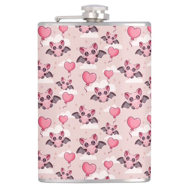 Cute pink bats and hearts hip flask (Front)