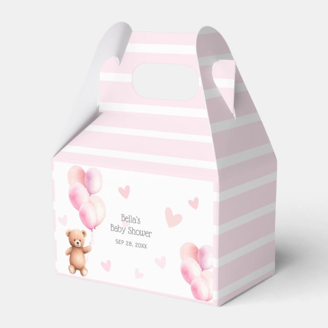 Cute Pink Bear Balloon Baby Shower Favour Box (Front Side)