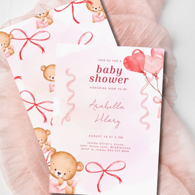 Cute Pink Bear Bows & Balloons Baby Shower  Invitation (Creator Uploaded)