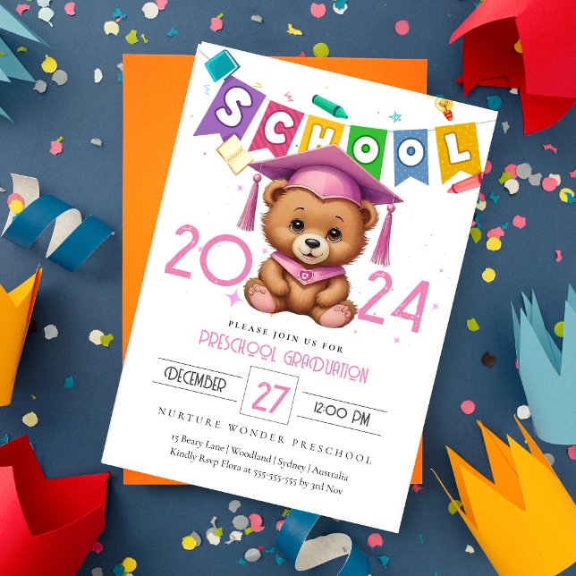 Cute pink bear Kindergarten Graduation Invitation (Creator Uploaded)