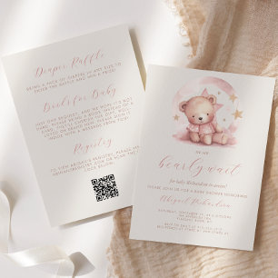 Cute Pink Bear QR Code Girl Baby Shower Invitation