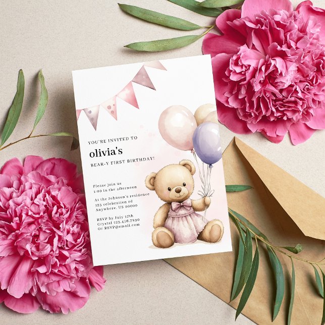Cute Pink Bear-Y First Birthday Party Invite (Creator Uploaded)
