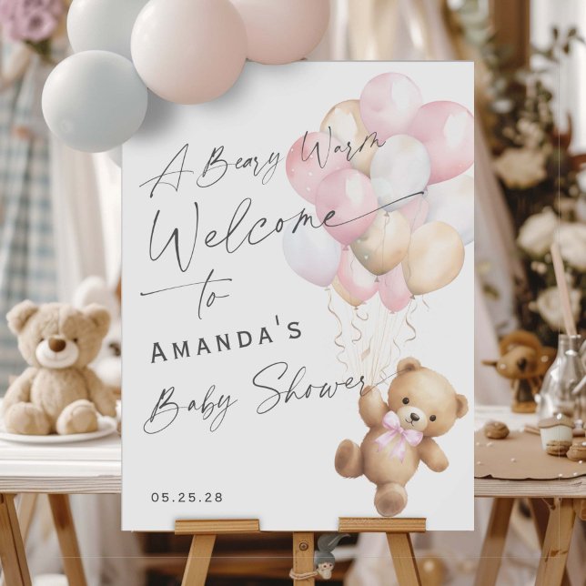 Cute Pink Bearly Wait Baby Girl Shower Welcome  Poster (Pink baby Girl Shower We can bearly wait- welcome sign.)