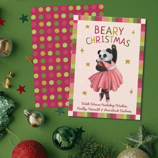 Cute Pink Beary Christmas Ballet Dancing Panda  Holiday Card (Creator Uploaded)