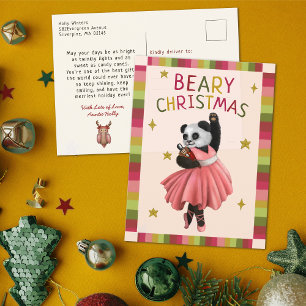 Cute Pink Beary Christmas Ballet Dancing Panda  Holiday Postcard