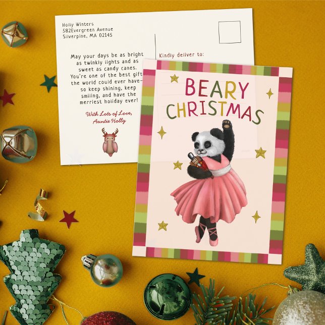 Cute Pink Beary Christmas Ballet Dancing Panda  Holiday Postcard (Creator Uploaded)