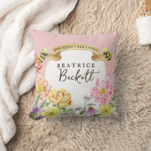 Cute Pink Bee and Wildflower Birthday Keepsake Cushion