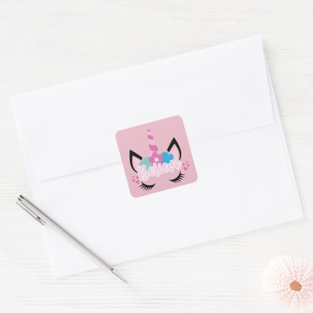 Cute Pink Believe in Unicorns Magical Floral    Square Sticker (Envelope)