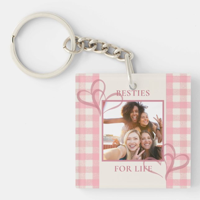 Cute Pink Besties For Life Photo Galentine's Day Key Ring (Front)