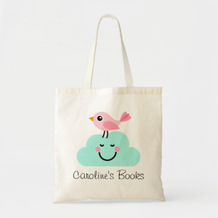 Cute pink bird and cloud personalised library tote bag
