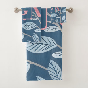 Cute pink bird blue grey personalised monogram  bath towel set