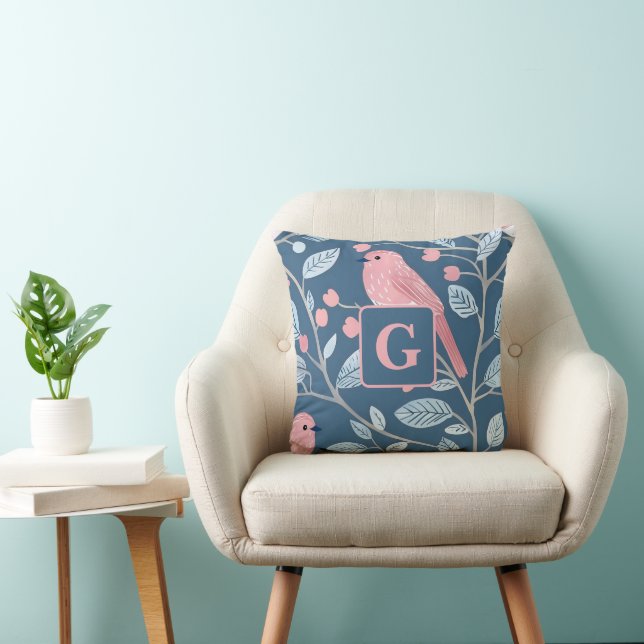 Cute pink bird blue grey personalised monogram  cushion (Chair)