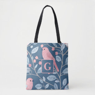 Cute pink bird blue grey personalised monogram tote bag