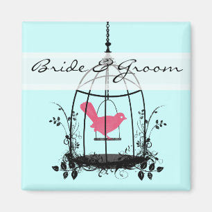 Cute Pink Bird Bride & Groom Wedding Badge button  Magnet