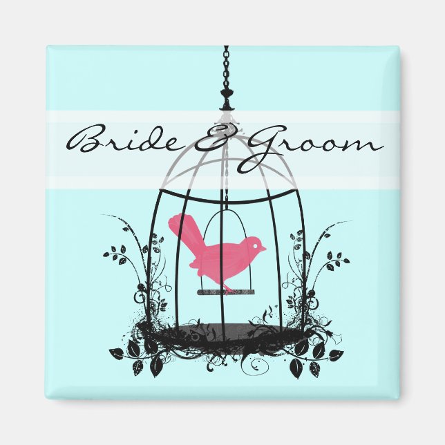 Cute Pink Bird Bride & Groom Wedding Badge button  Magnet (Front)