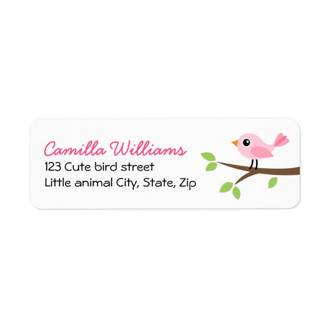 Cute pink bird on branch return address label (Front)