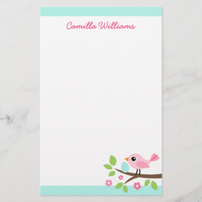 Cute pink bird with egg on branch custom name stationery (Front)