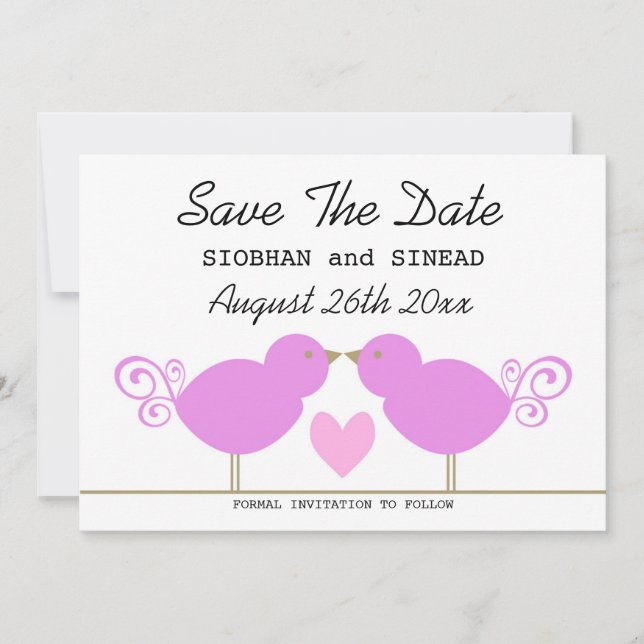 Cute Pink Birds Lesbian Wedding Save The Date (Front)