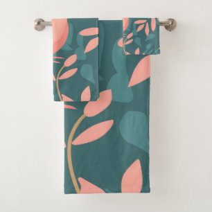 Cute pink birds on cyan green blue bath towel set