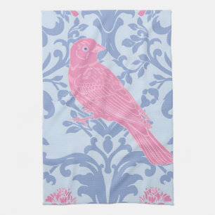 Cute pink birds on light blue tea towel