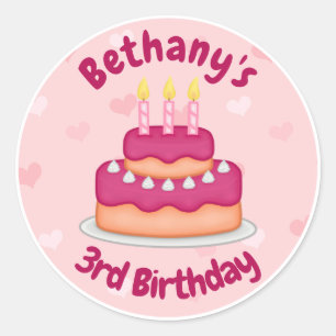 Cute Pink Birthday Cake 3 Candles for 3rd Birthday Classic Round Sticker