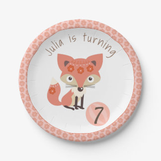 Cute Pink Birthday Fox Paper Plate