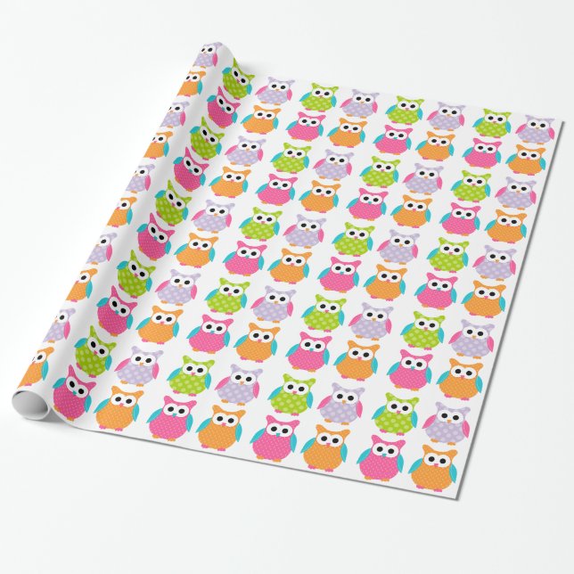 Cute Pink Birthday Owl Wrapping Paper (Unrolled)