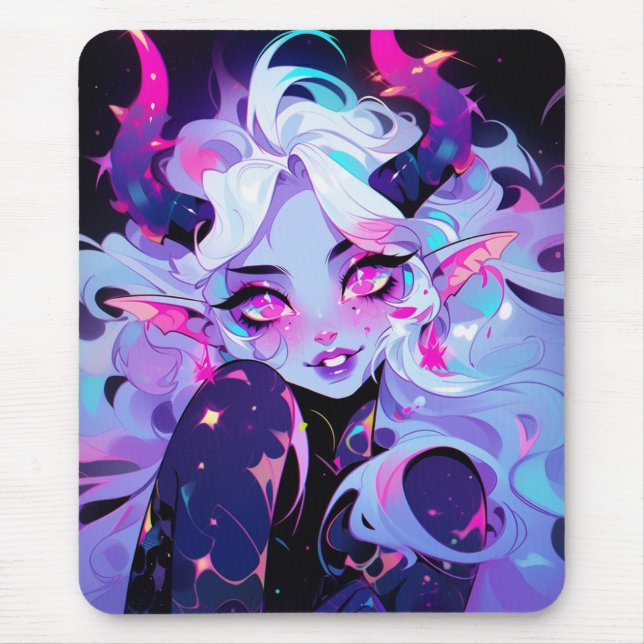Cute Pink, Black, and White Koakuma Little Devil Mouse Pad (Front)