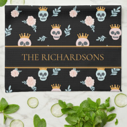 Cute Pink Black Botanical Skull Pattern Halloween Tea Towel