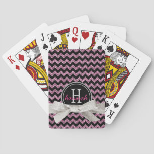Cute Pink Black Chevron Faux Glitter Monogram Playing Cards