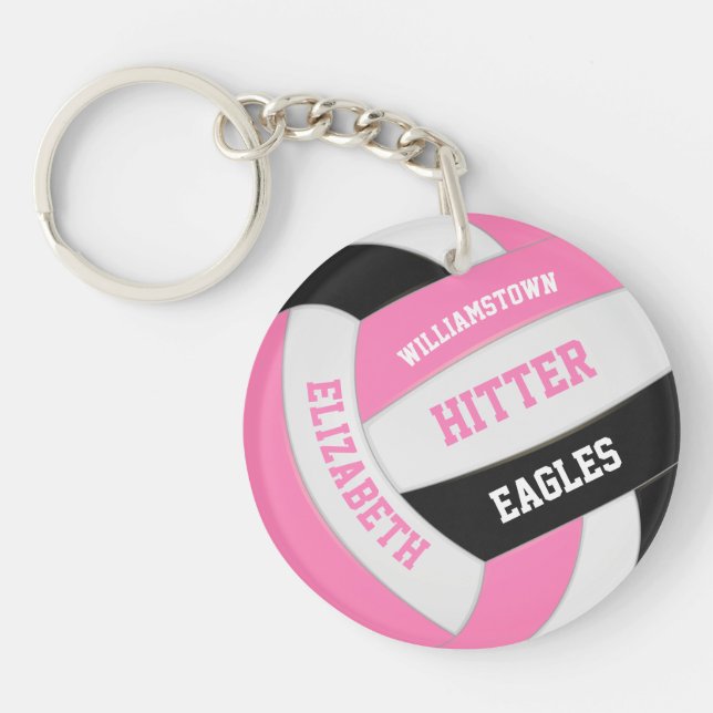 cute pink black girly personalised volleyball key ring (Front)