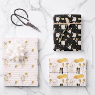 Cute Pink Black Gold Balloons Cake Birthday Wrapping Paper Sheet
