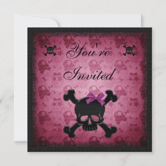 Cute Pink & Black Gothic Skulls Birthday Invites (Front)