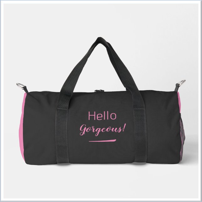 Cute Pink & Black Hello Gorgeous Quote Slogan Duffle Bag (Creator Uploaded)