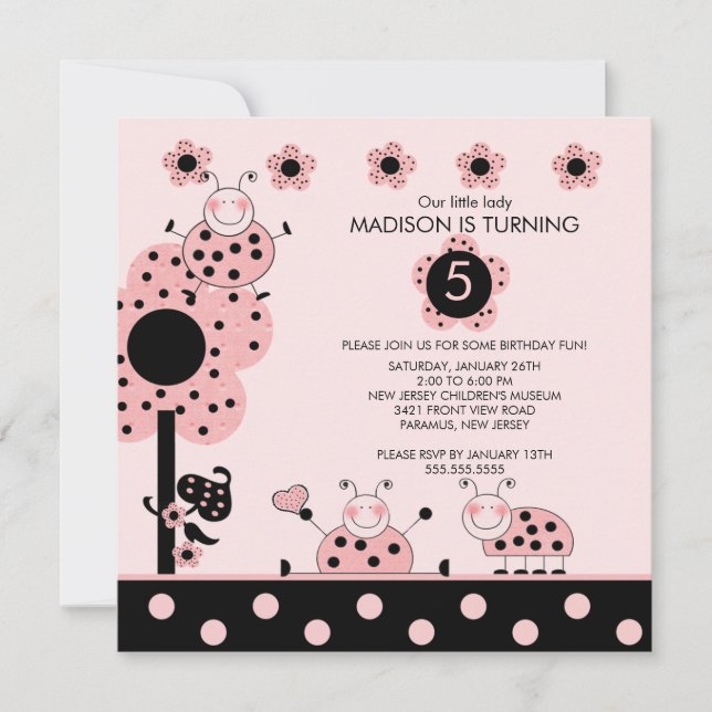Cute Pink & Black Ladybugs Birthday Invitation (Front)