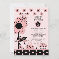 Cute Pink & Black Ladybugs Birthday Invitation