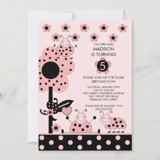 Cute Pink & Black Ladybugs Birthday Invitation