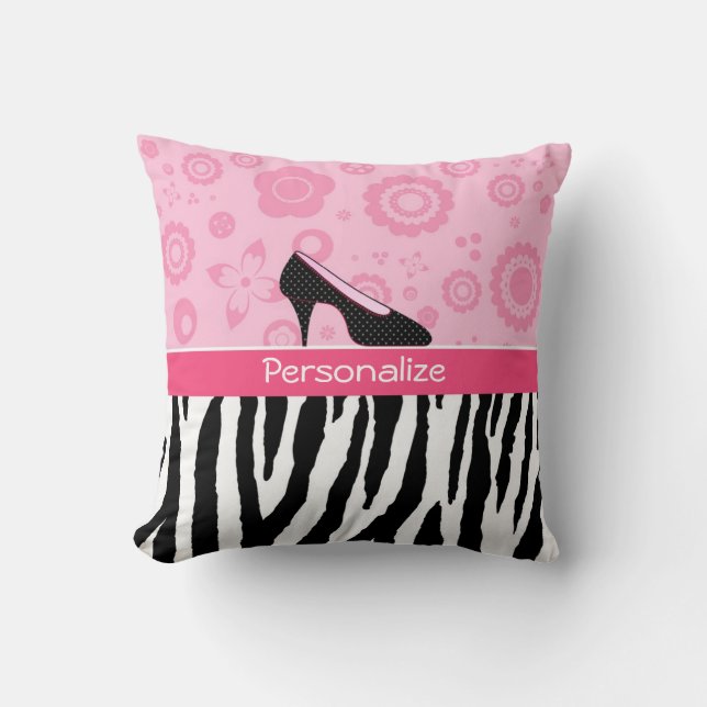 Cute Pink Black Shoes Trendy Zebra Print With Name Cushion (Front)
