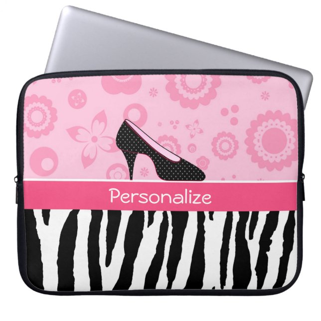 Cute Pink Black Shoes Trendy Zebra Print With Name Laptop Sleeve (Front)