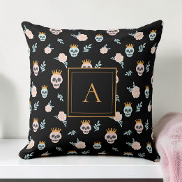 Cute Pink Black Skull Pattern Monogram Halloween Cushion
