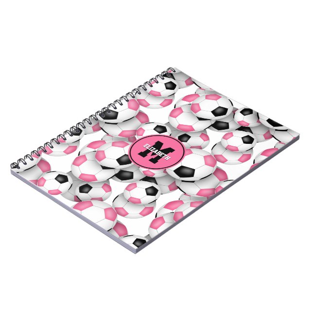 cute pink black soccer balls monogrammed notebook (Left Side)