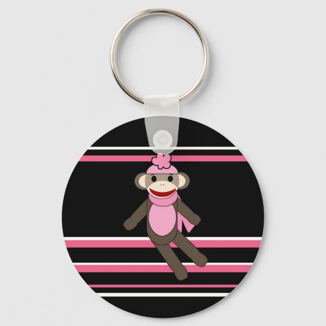 Cute Pink Black Stripe Sock Monkey Girl Flower Hat Key Ring (Front)
