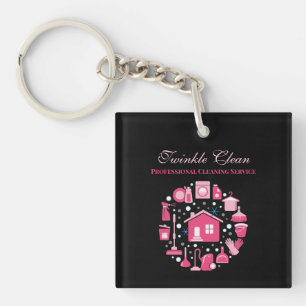 Cute Pink Black Supplies Cleaning Service Business Key Ring