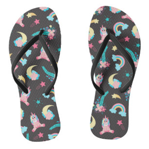 Cute Pink Black Unicorn Rainbow Floral Stars Thongs