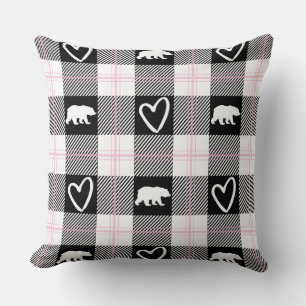 Cute Pink Black & White Bear and Heart Flannel Cushion