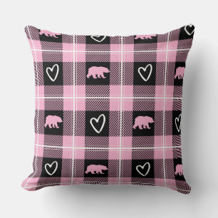 Cute Pink Black & White Bear and Heart Flannel Cushion