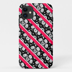 Cute pink black white flowers stripes iPhone 11 case