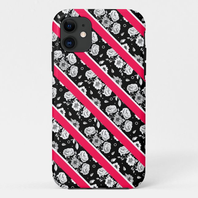 Cute pink black white flowers stripes Case-Mate iPhone case (Back)