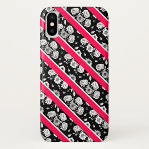 Cute pink black white flowers stripes iPhone x case